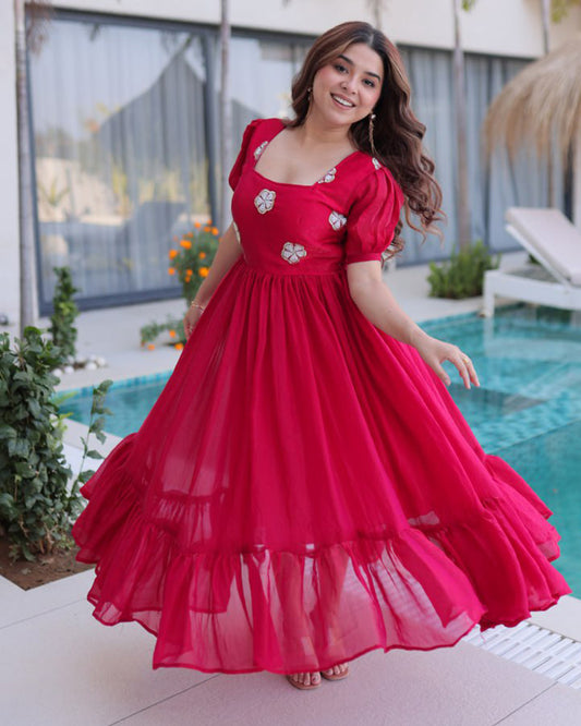 Pink Color Fendi Silk Beads Embroidered Gown