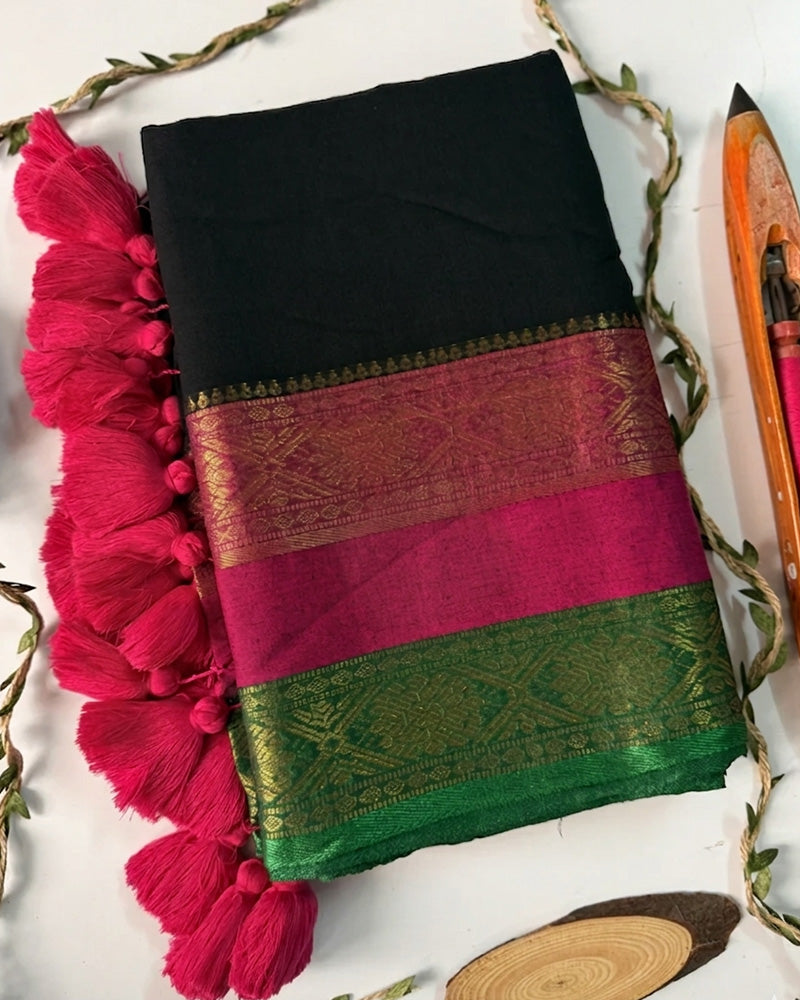 Elegance Black Color Mal Cotton Kanchivaram Saree