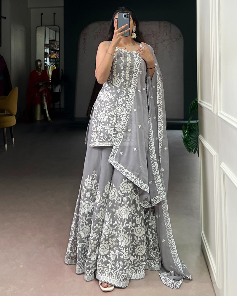 Grey Color Star Georgette Embroidered Sharara Suit