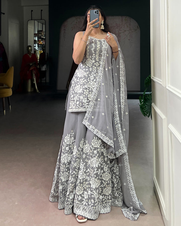 Grey Color Star Georgette Embroidered Sharara Suit