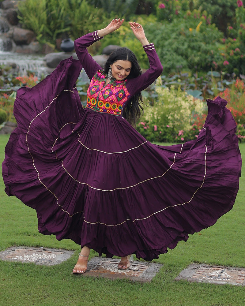 Traditional Wine Kutchi Embroidered Navratri Gown