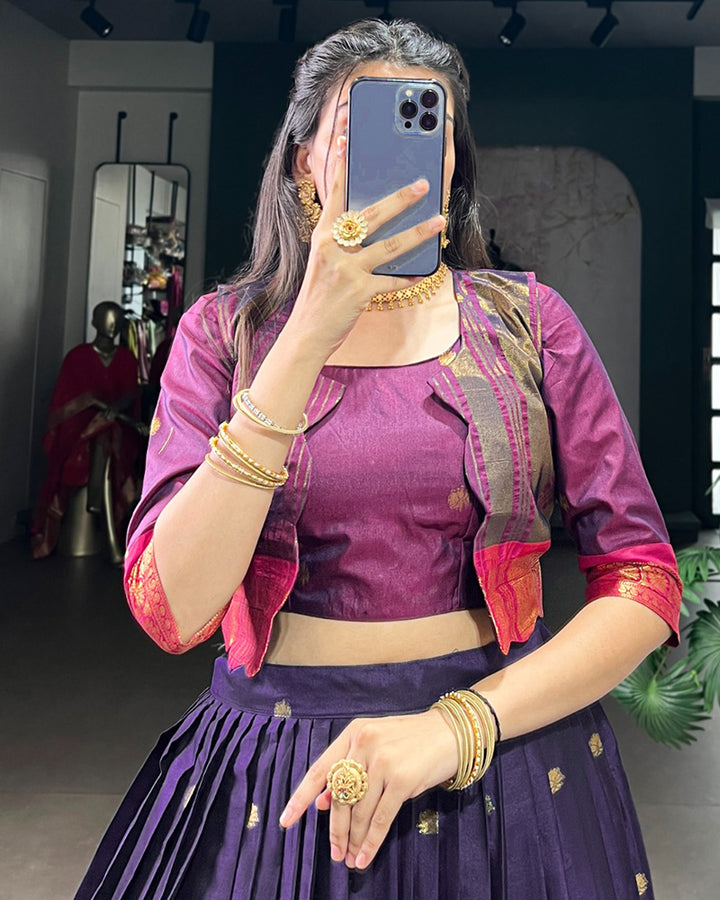 Navy Blue Color Poly Cotton Zari Weaving Lehenga Choli