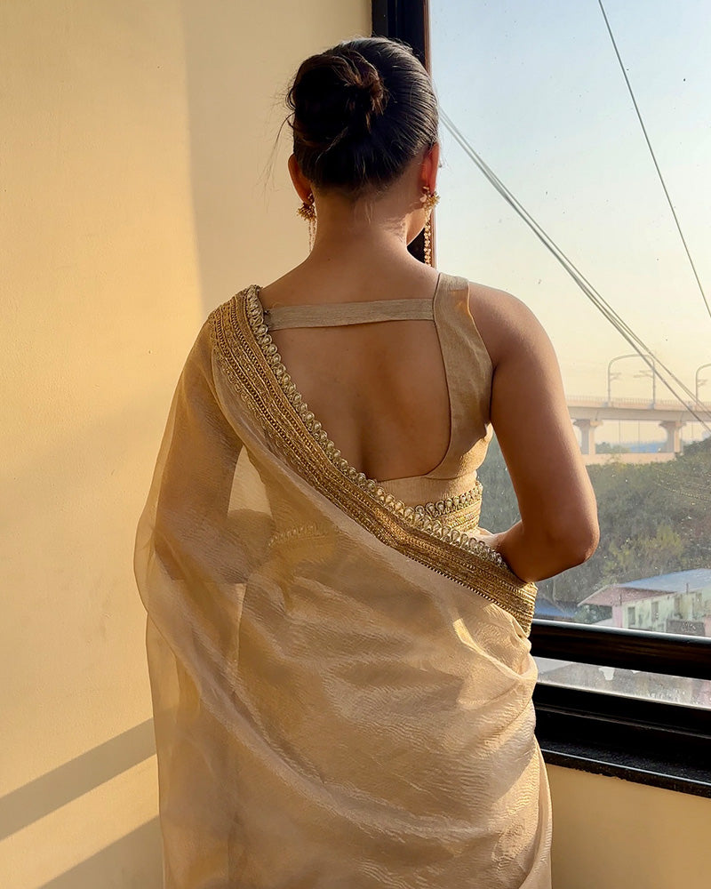 Premium Cream Color Tissue Crush Saree