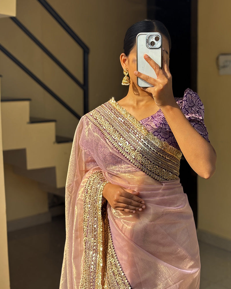 Luvender Color Soft Twil Net Embroidered Saree