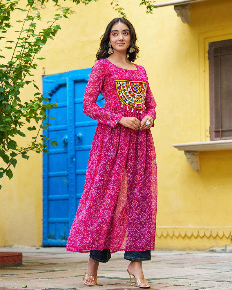 Festive Pink Georgette Printed Kurti With Gamthi Patchwork