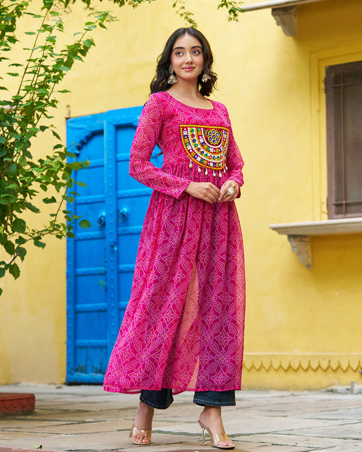 Festive Pink Georgette Printed Kurti With Gamthi Patchwork