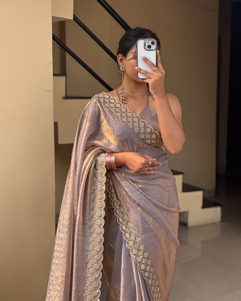 Grey Color Space Silk Embroidered Saree