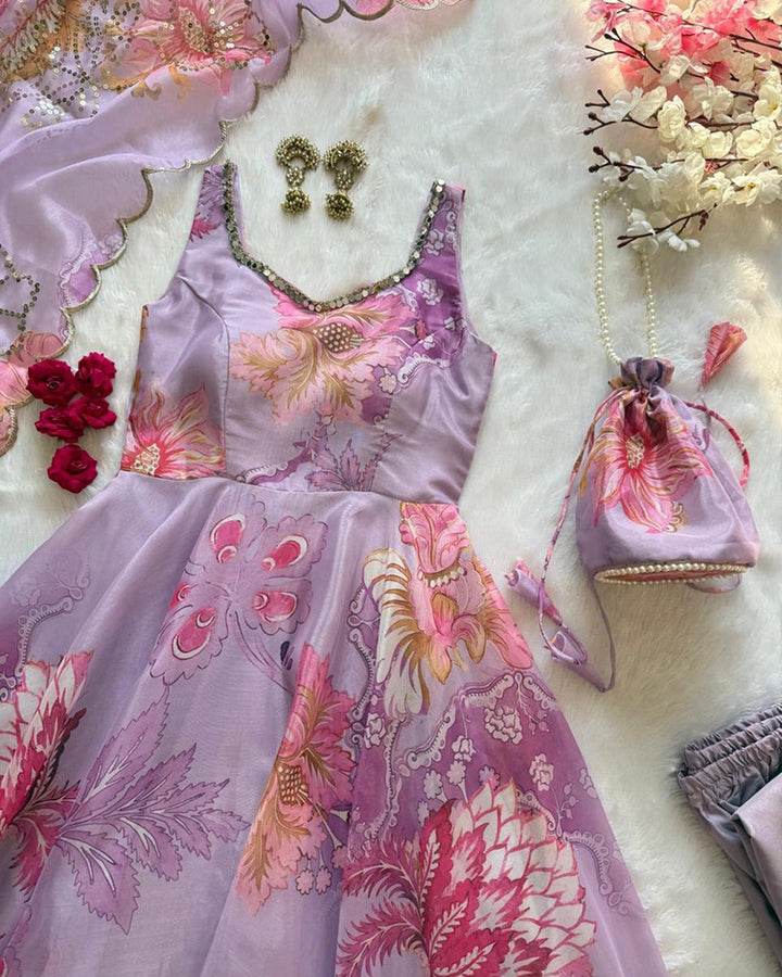 Luvender Color Digital Printed Soft Organza Anarkali Suit