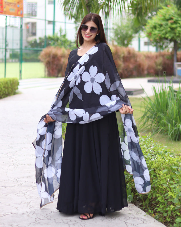 Black Color Soft Georgette Anarkali Gown With Floral Printed Dupatta