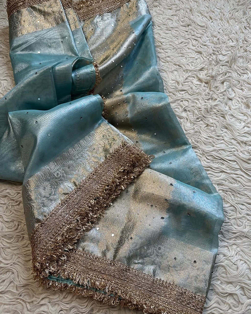 Sky Blue Color Glass Banarasi Tissue Silk Saree