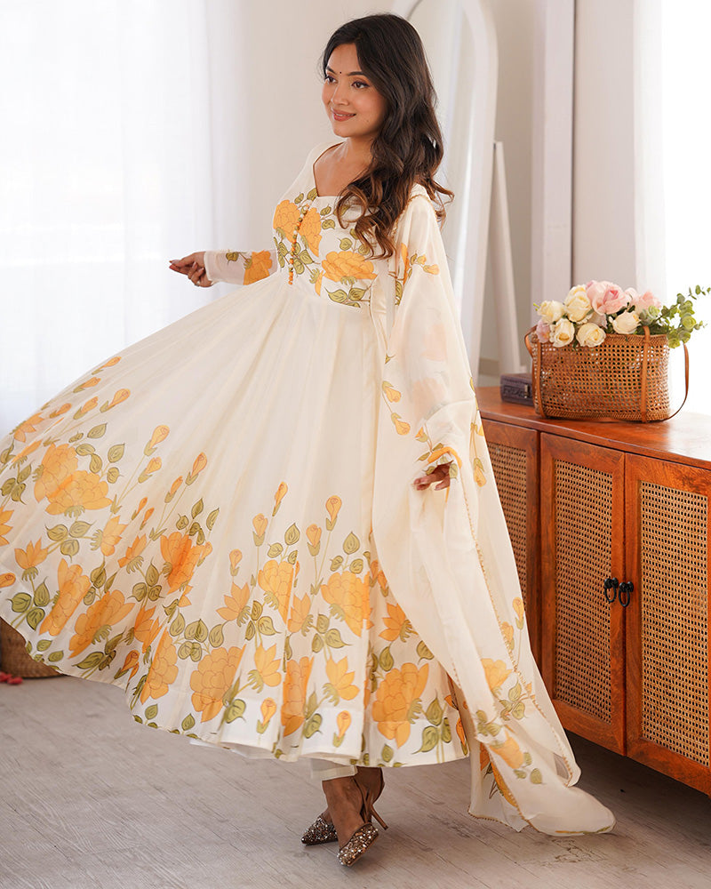 Creamish White Color Floral Print Organza Three Piece Anarkali Suit