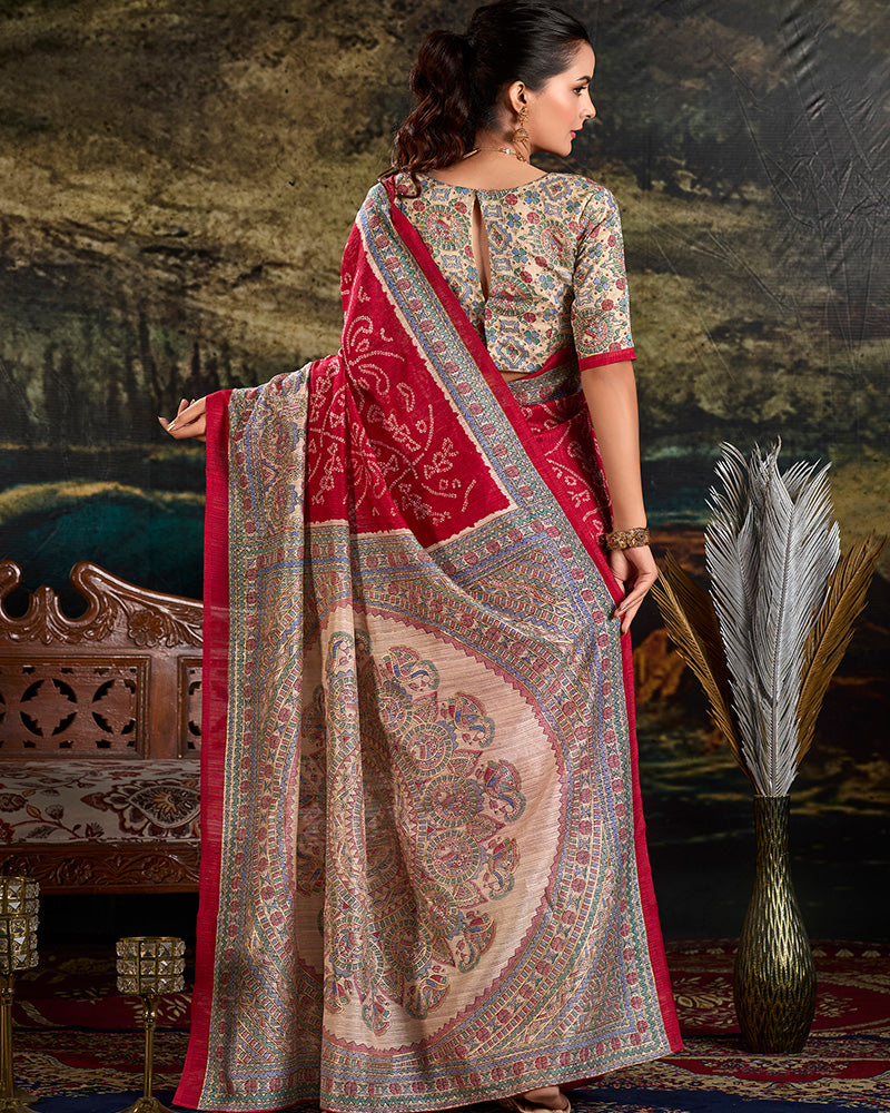 Maroon Color Green Silk Fusion Printed Saree