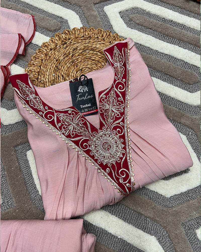 Baby Pink Color Roman Chanderi Plazzo Suit