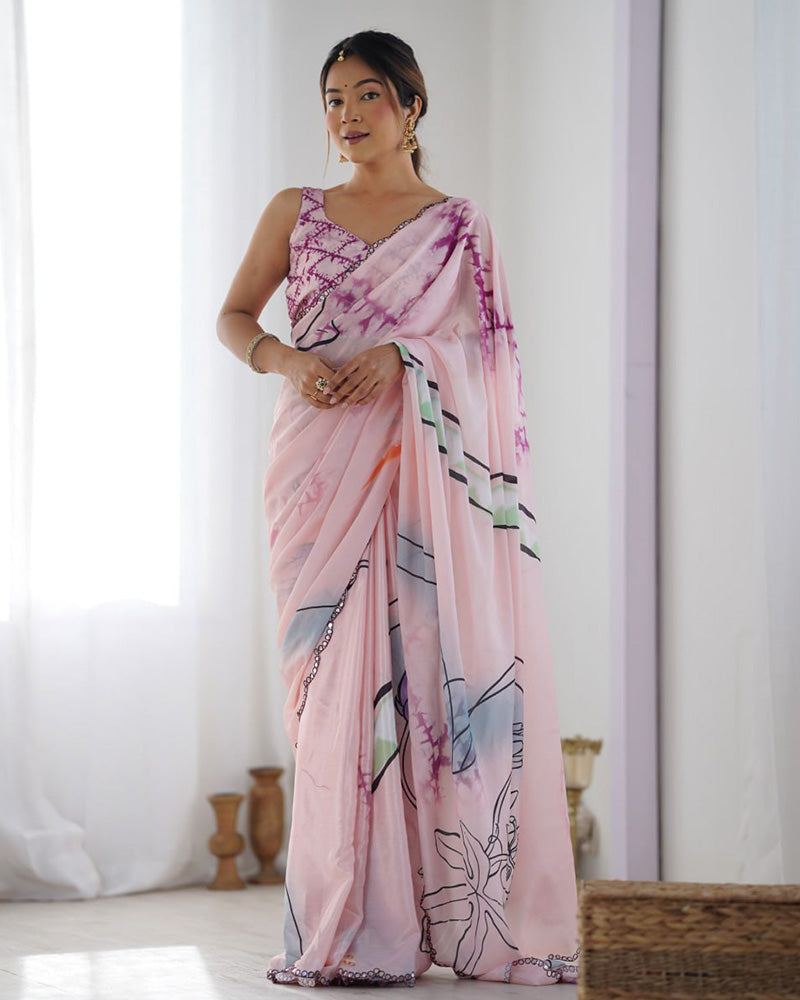 Baby Pink Color Chinnon Silk Saree