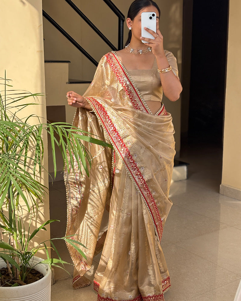 Cream Color Banarasi Tissue Silk Organza Saree