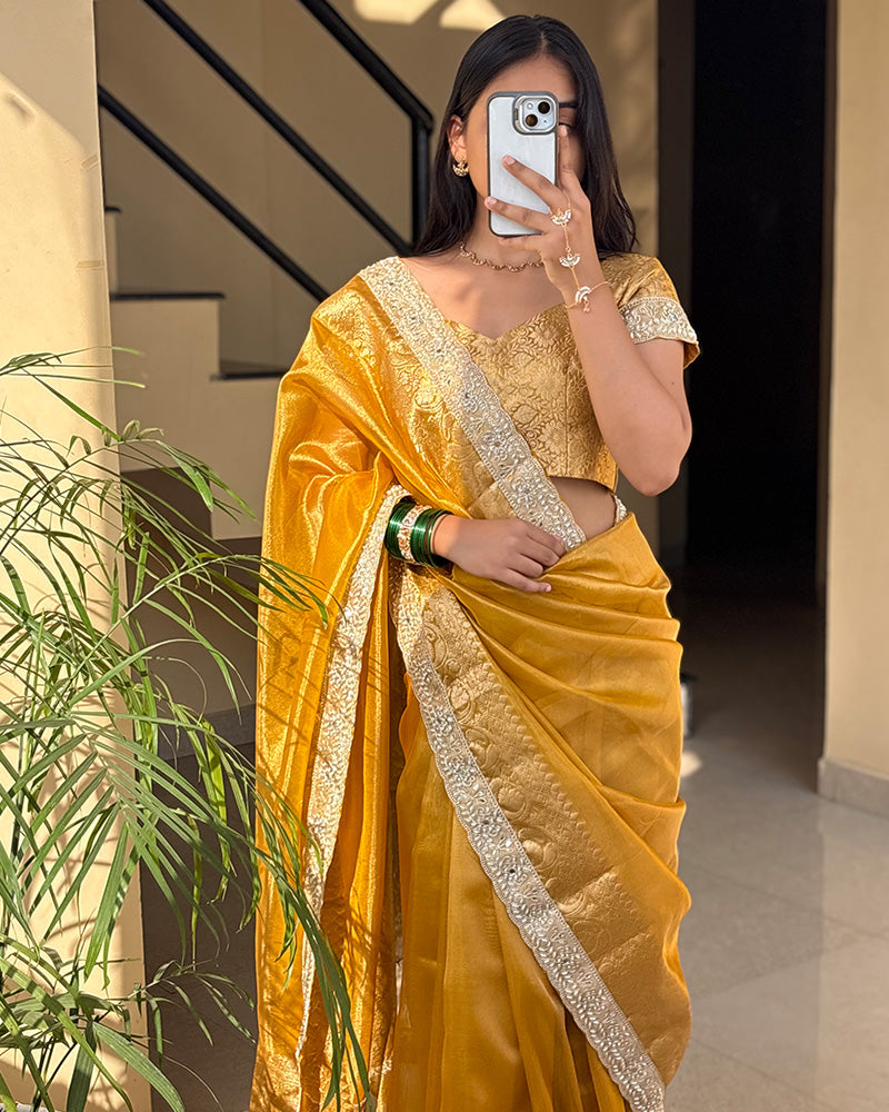 Mustard Color Soft Banarasi Silk Pearl Work Saree