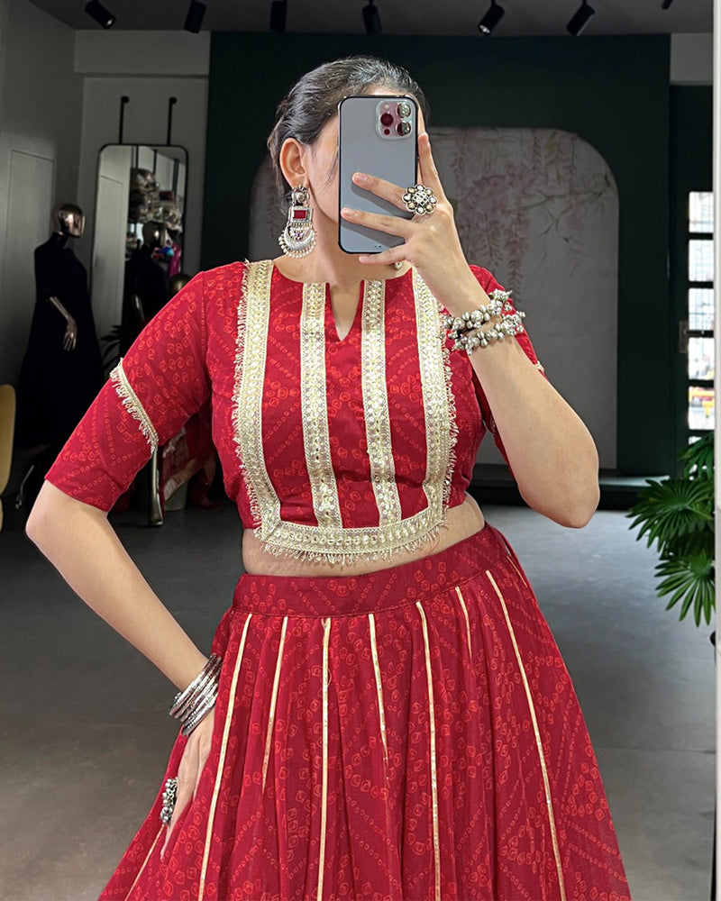 Red Color Chiffon Bandhej Printed Navratri Lehenga Choli