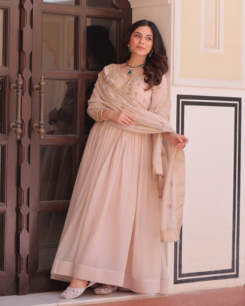 Cream Color Star Georgette Embroidered Gown