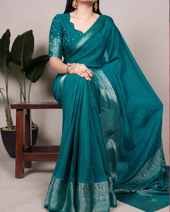 Bottle Green Color Chinon Self Printed Saree