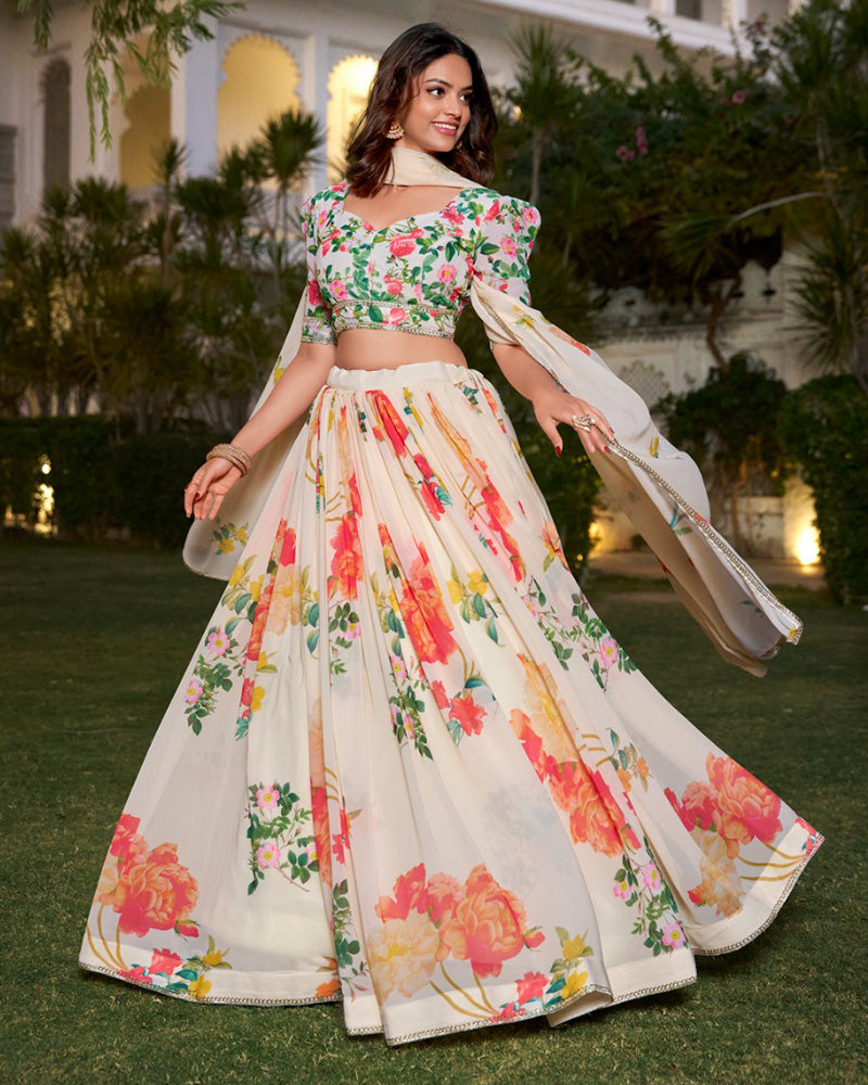 Cream Color Georgette Floral Printed Lehenga Choli
