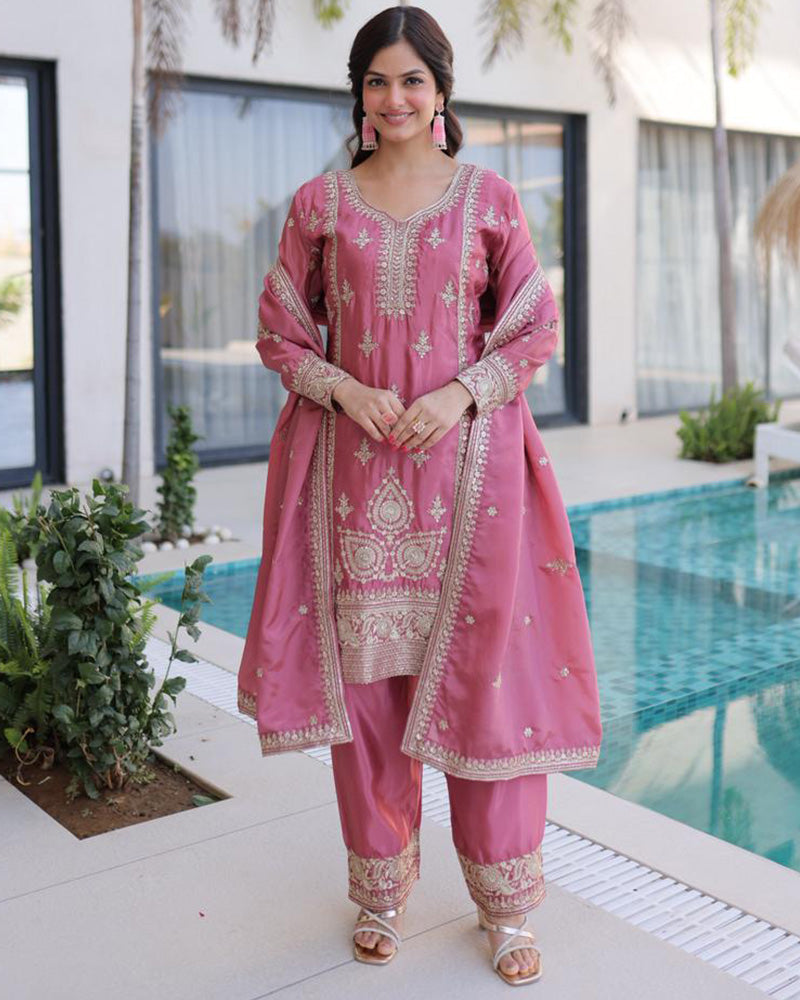 Pink Color Ho Silk Embroidered Kurti Suit