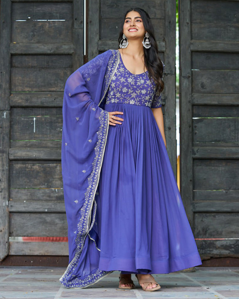 Elegant Purple Embroidered Blooming Style Designer Gown