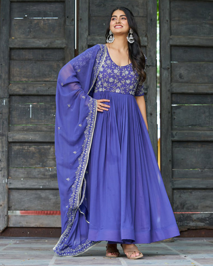Elegant Purple Embroidered Blooming Style Designer Gown