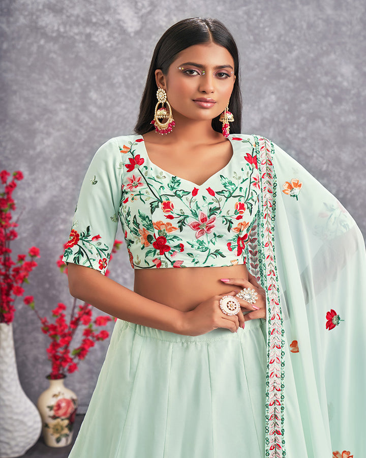 Sea Green Color Embroidered Georgette Semi Stitched Lehenga Choli