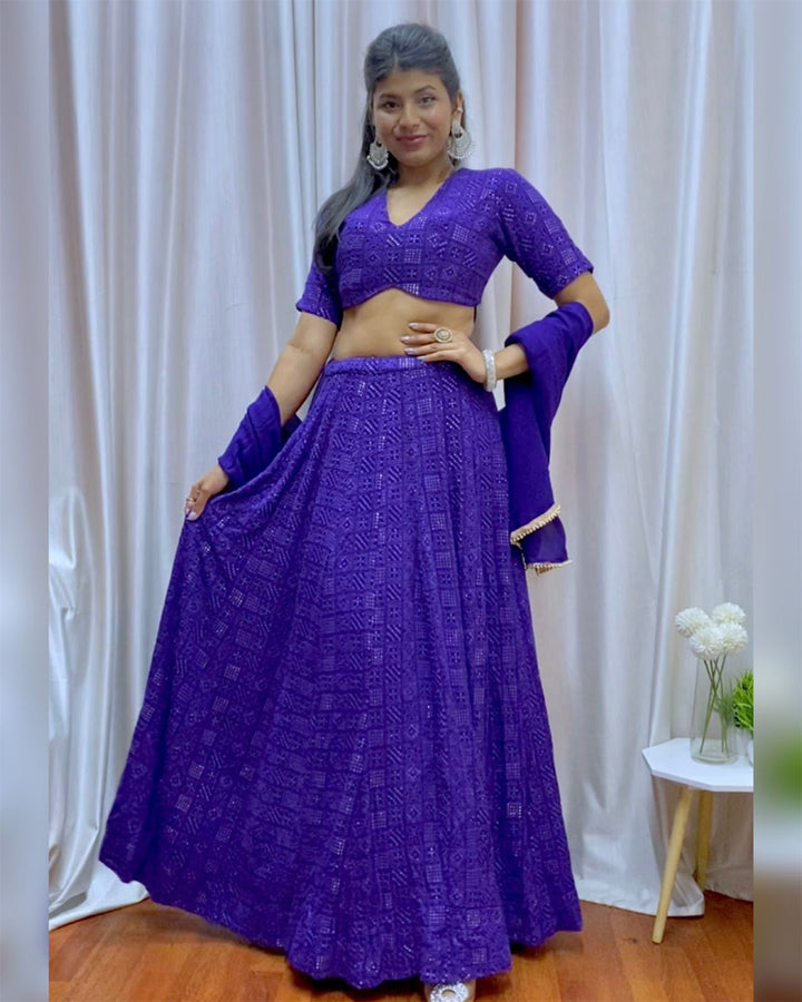 Purple Georgette Lucknowi Semi Stitched Lehenga Choli
