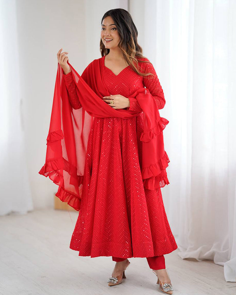 Designer Red Color Georgette Lucknowi Three Piece Anarkali Suit
