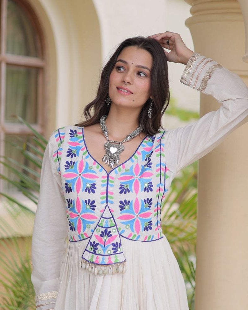 Two Color Elegant Kora Cotton with Multi Thread Embroidered Navratri Gown