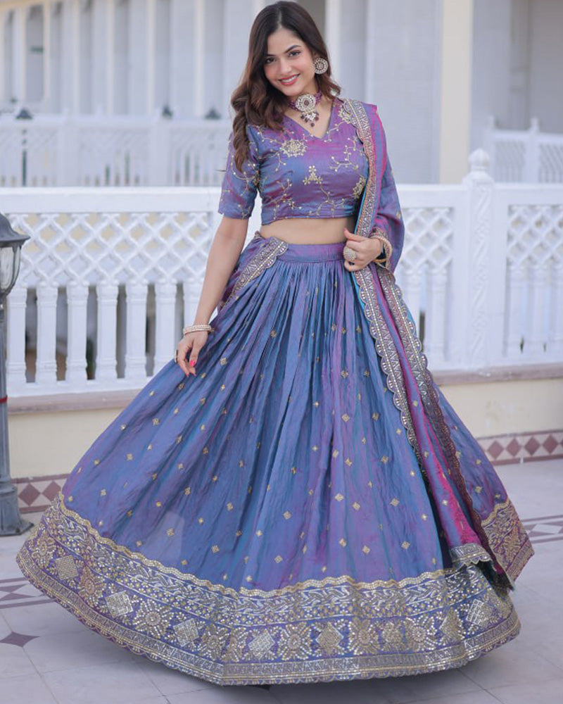 Dusty Blue Color Ysl Silk Embroidered Lehenga Choli