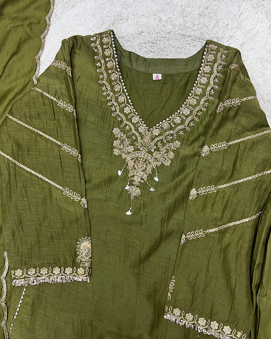 Mehndi Color Mal Cotton Three Piece Kurti Suit