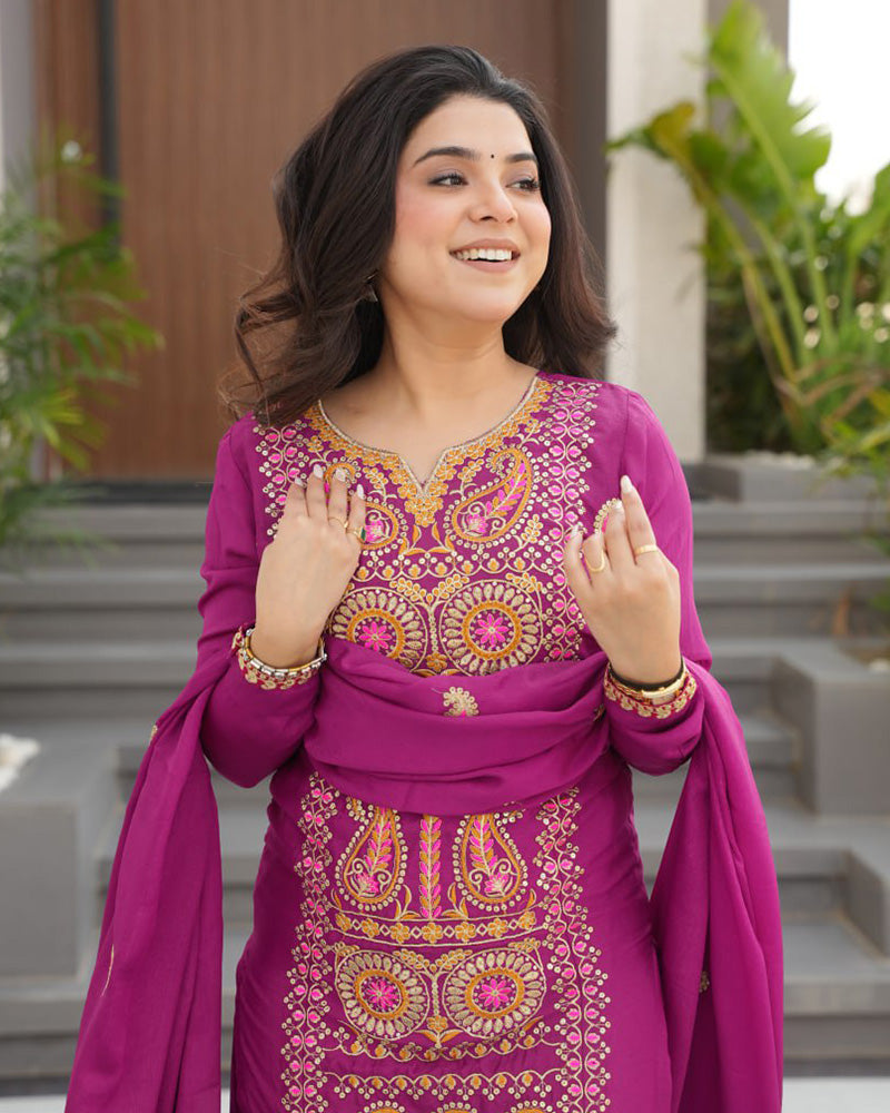 Magenta Color Chinon Embroidered Kurti Suit