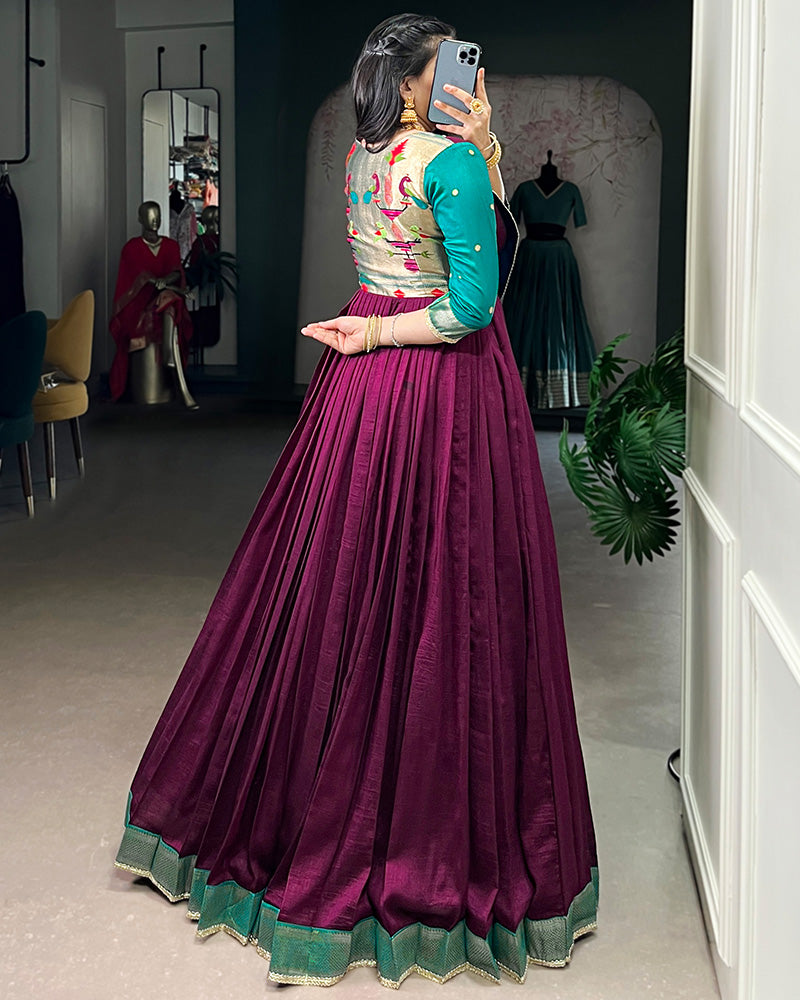 Wine Color Vichitra Silk Zari Weaving Gown