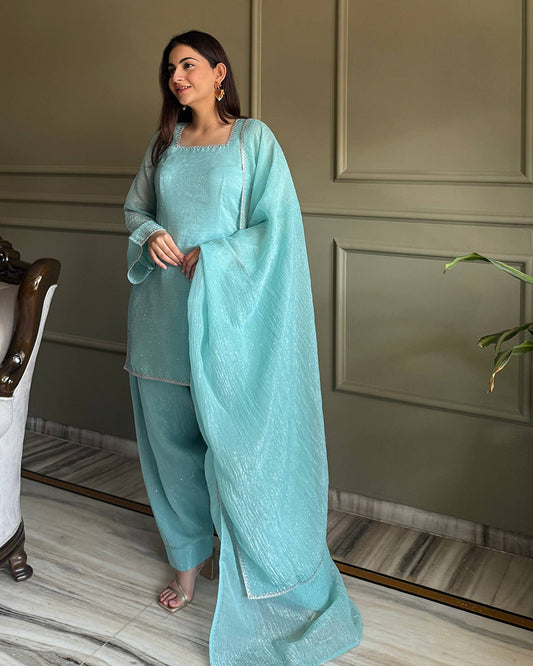 Sky Blue Color Crunchy Silk Farshi Suit