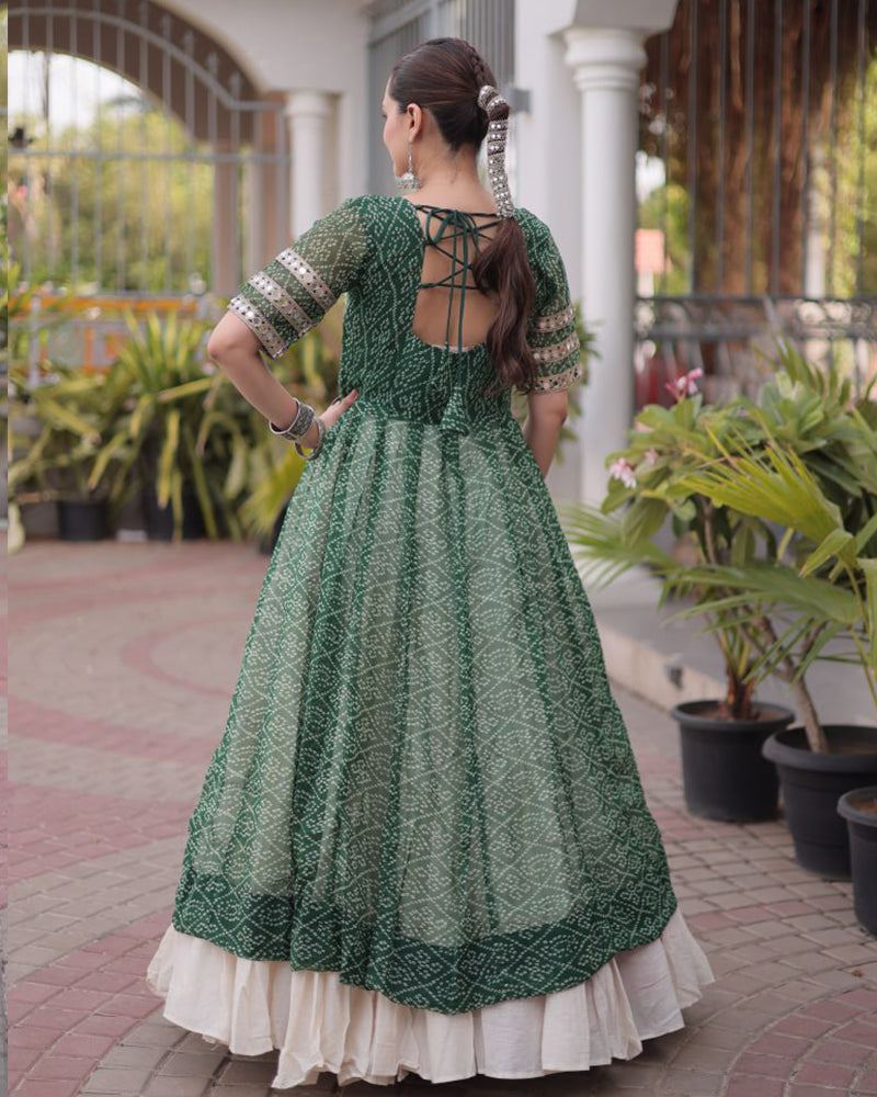 Green  Color Bandhani Printed Kurti With Kora Cotton Lehenga