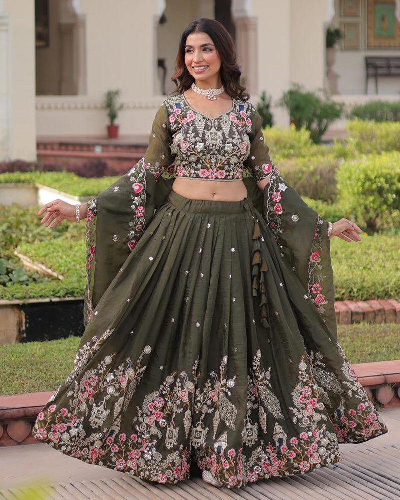 Mehndi Color Gold Crush Embroidered Lehenga Choli