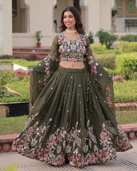 Mehndi Color Gold Crush Embroidered Lehenga Choli