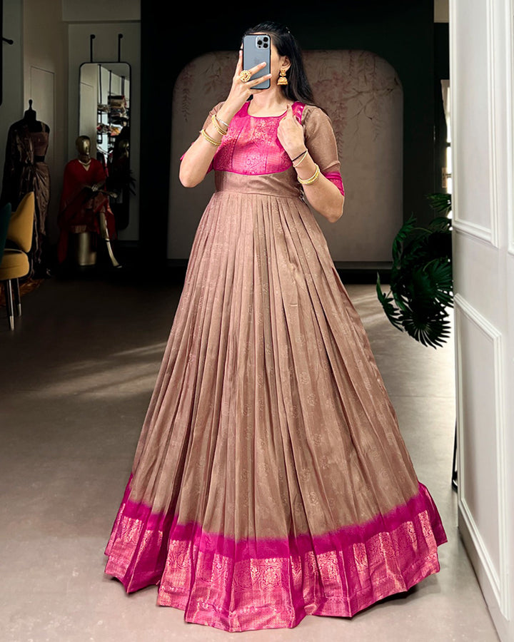 Brown Color Mass Mello Zari Weaving Gown