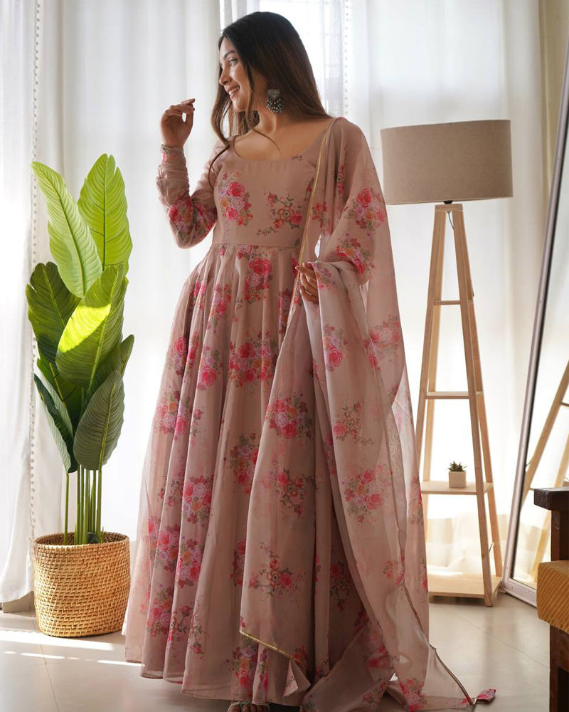 Light Chocolate Color Floral Print Soft Organza Silk Kali Cut Anarkali Suit