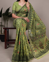 Green Color Thread Weaving Poly Cotton Saree