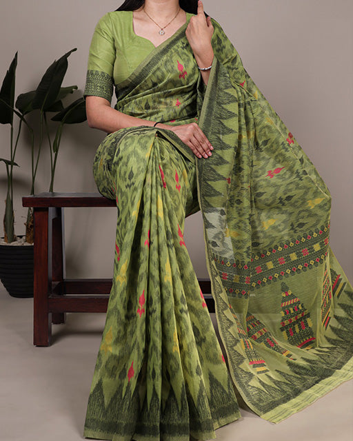 Green Color Thread Weaving Poly Cotton Saree