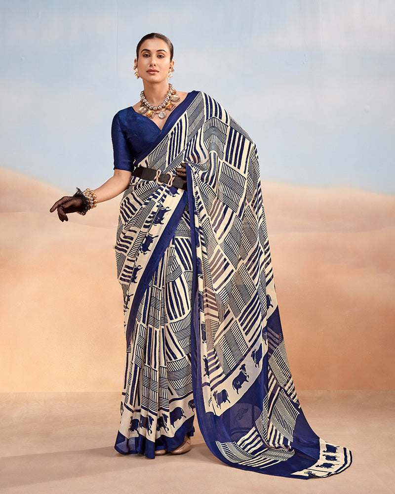 Navy Blue Color Satin Chiffon Printed Saree