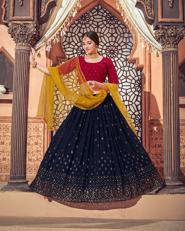 Beautiful Navy Blue And Rani Pink Georgette Lehenga Choli