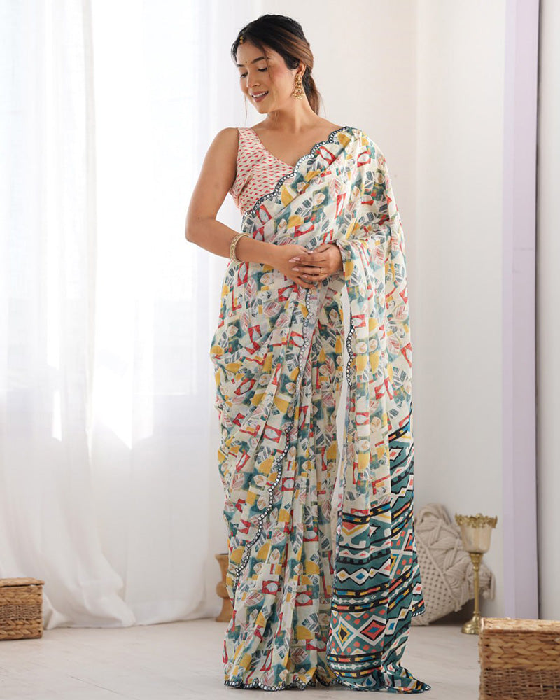 Off-White Color Chinnon Silk Saree