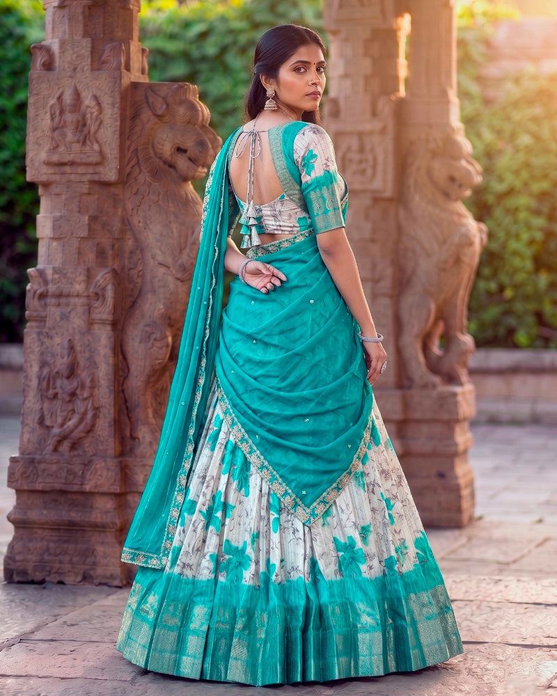 Teal Green Color Dola Chex Floral Printed Half Saree