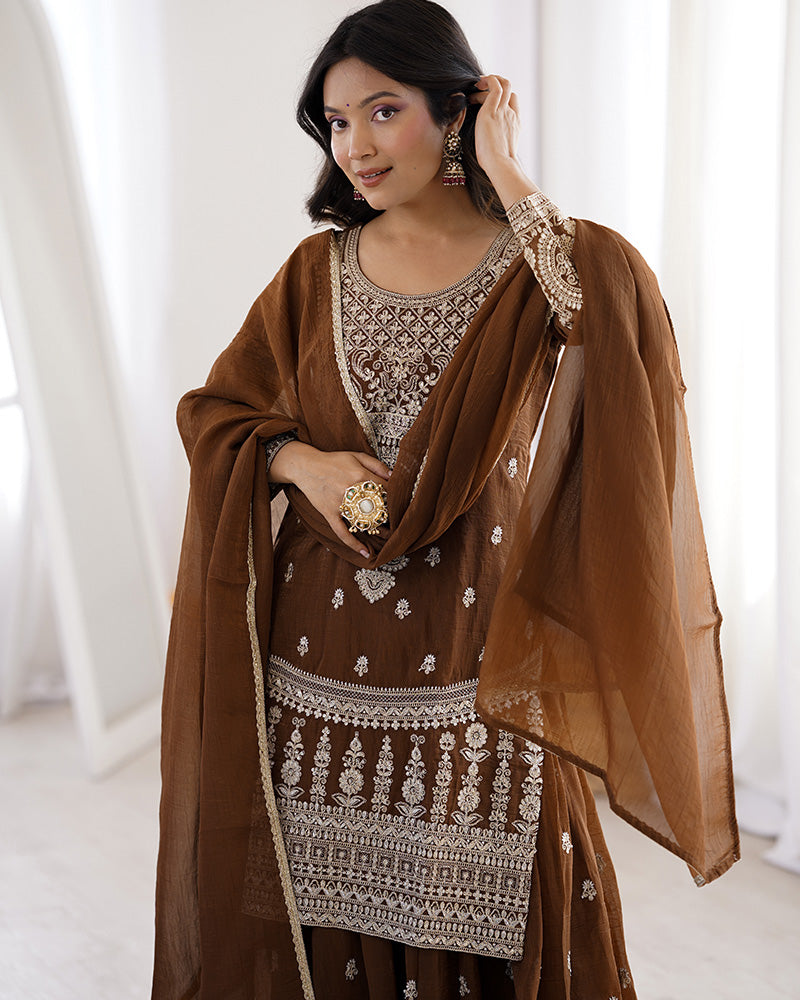 Brown Color Pure Soft Crunchy Silk Sharara Suit