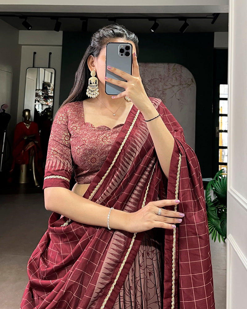 Maroon Color Tasar Silk Kalamkari Printed Lehenga Choli