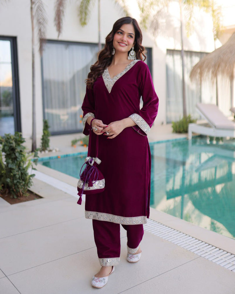Wine Color Ice Velvet Embroidered Plazzo Suit